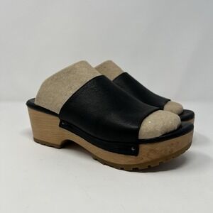 Eileen Fisher Wood Open Toe Heel‎ Clogs Platform Black Leather Size 7.5 Lug